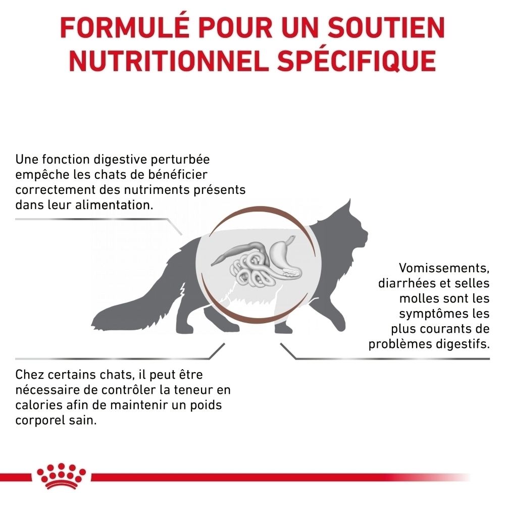 Arrière d'un sac de 4 kg de nourriture Royal Canin Gastrointestinal Moderate Calorie pour chats, avec informations nutritionnelles.