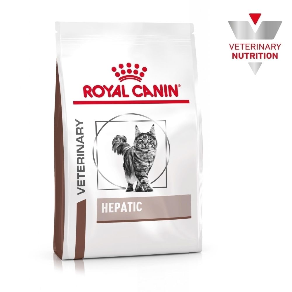 Sac de nourriture ROYAL CANIN Veterinary Hepatic pour chats avec illustration de chat.