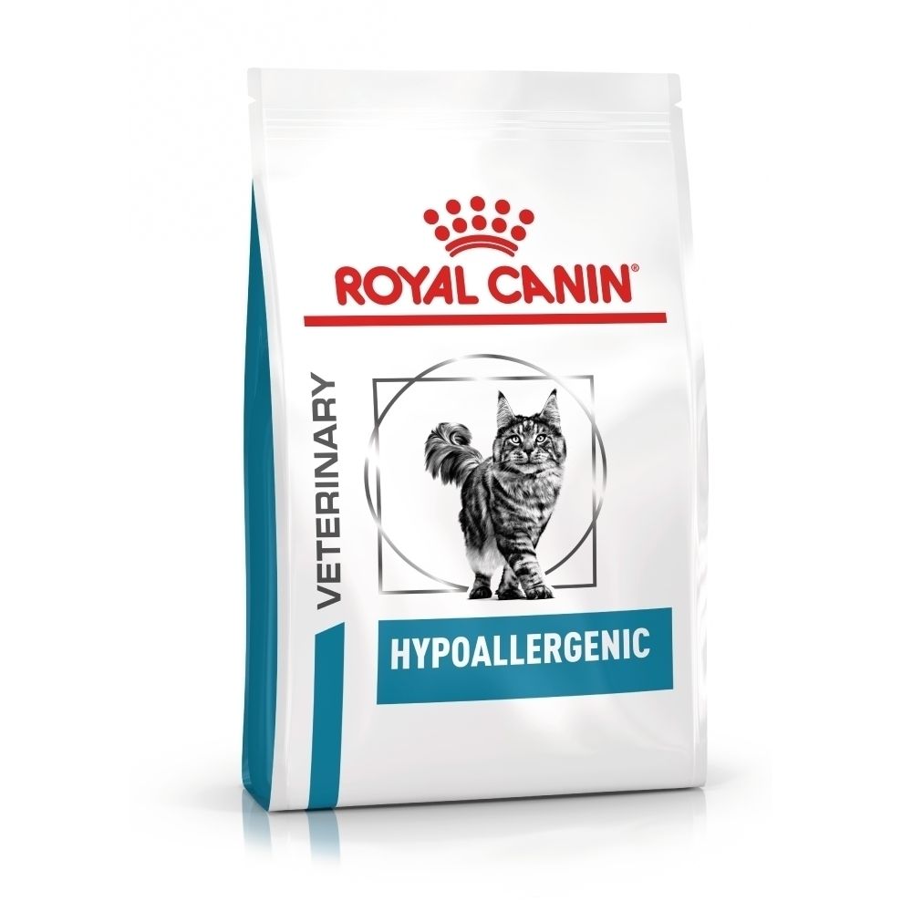 Royal Canin Veterinary Hypoallergeen kattenvoer zak met kattenafbeelding.