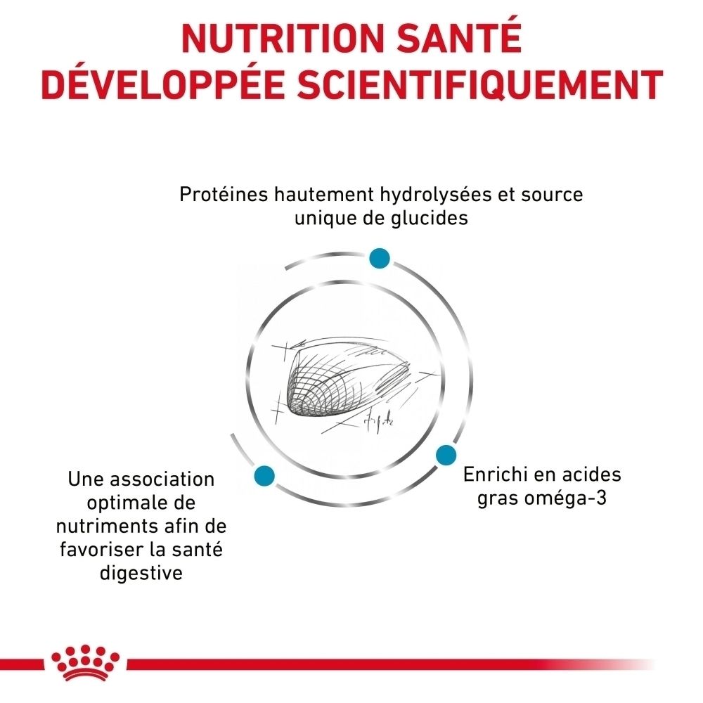 Graphique avec texte : Nutrition santé développée scientifiquement. Contient protéines hydrolysées, glucides, oméga-3 et nutriments pour la digestion.