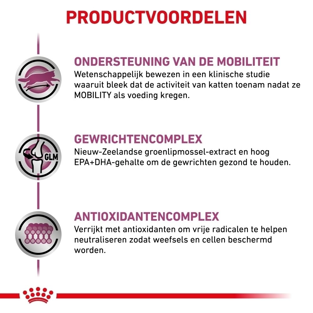 Royal Canin Veterinary Mobility kattenvoer zak, 2 kg, achterkant met tekst.