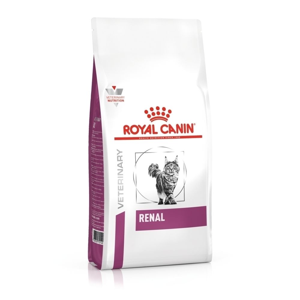 Sac de croquettes ROYAL CANIN Veterinary Renal avec un chat.