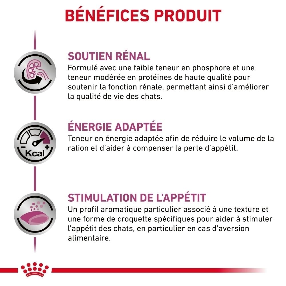 Avantages du produit Royal Canin Renal Select : Soutien rénal, énergie adaptée, stimulation de l'appétit.