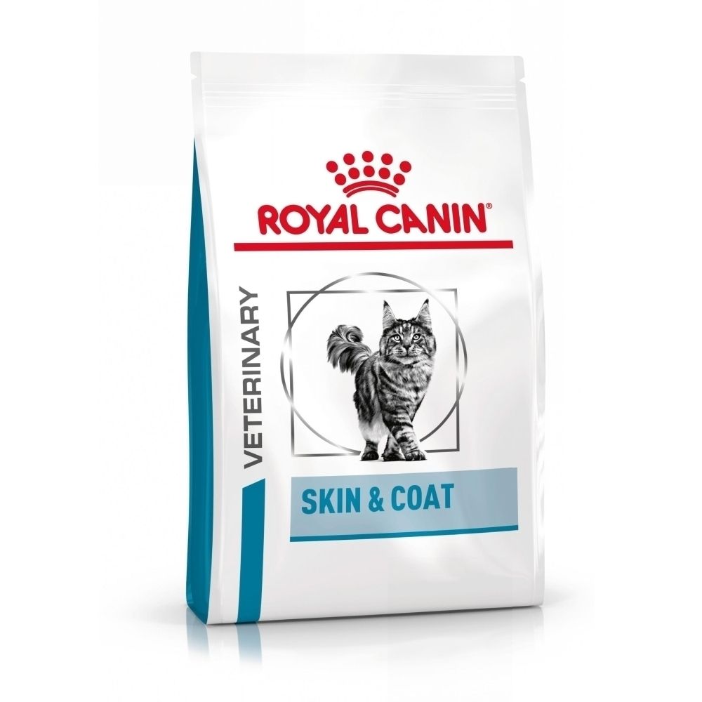 Royal Canin Veterinary Skin & Coat kattenvoer zak met afbeelding van een kat.