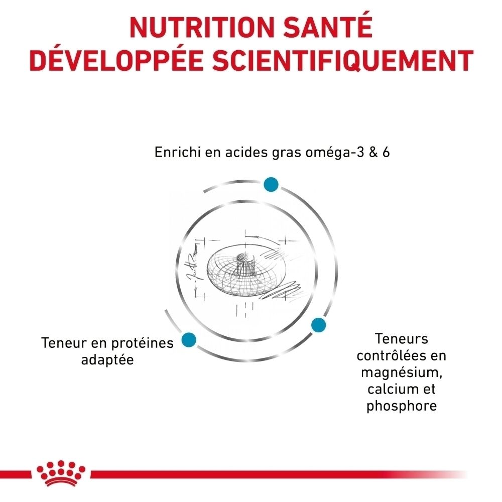 Nutrition santé développée scientifiquement, enrichie en oméga-3 et 6, teneur adaptée en protéines, magnésium, calcium et phosphore contrôlés.