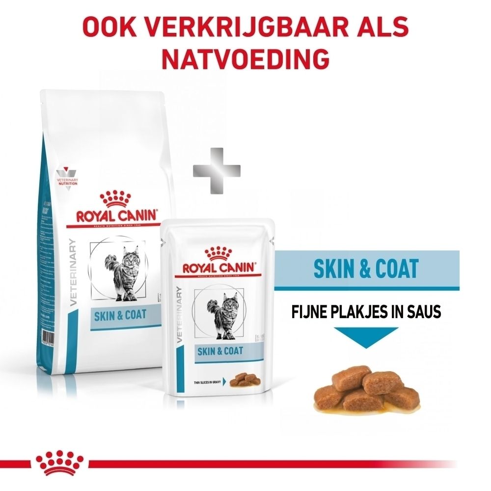 Royal Canin Skin & Coat droogvoer zak en natvoer zakje met stukjes in saus.
