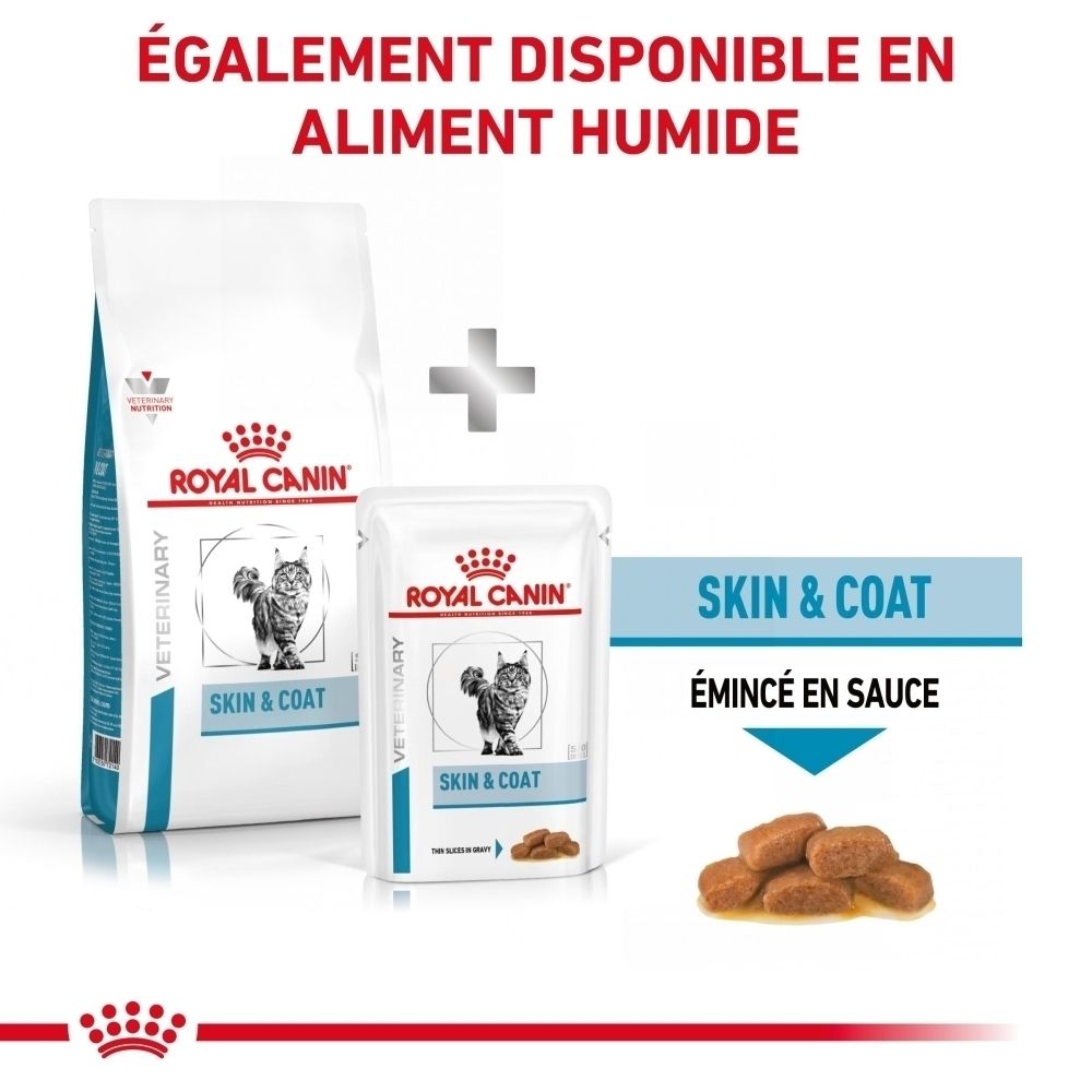 Sac de croquettes Royal Canin Skin & Coat et sachet de nourriture humide avec morceaux.