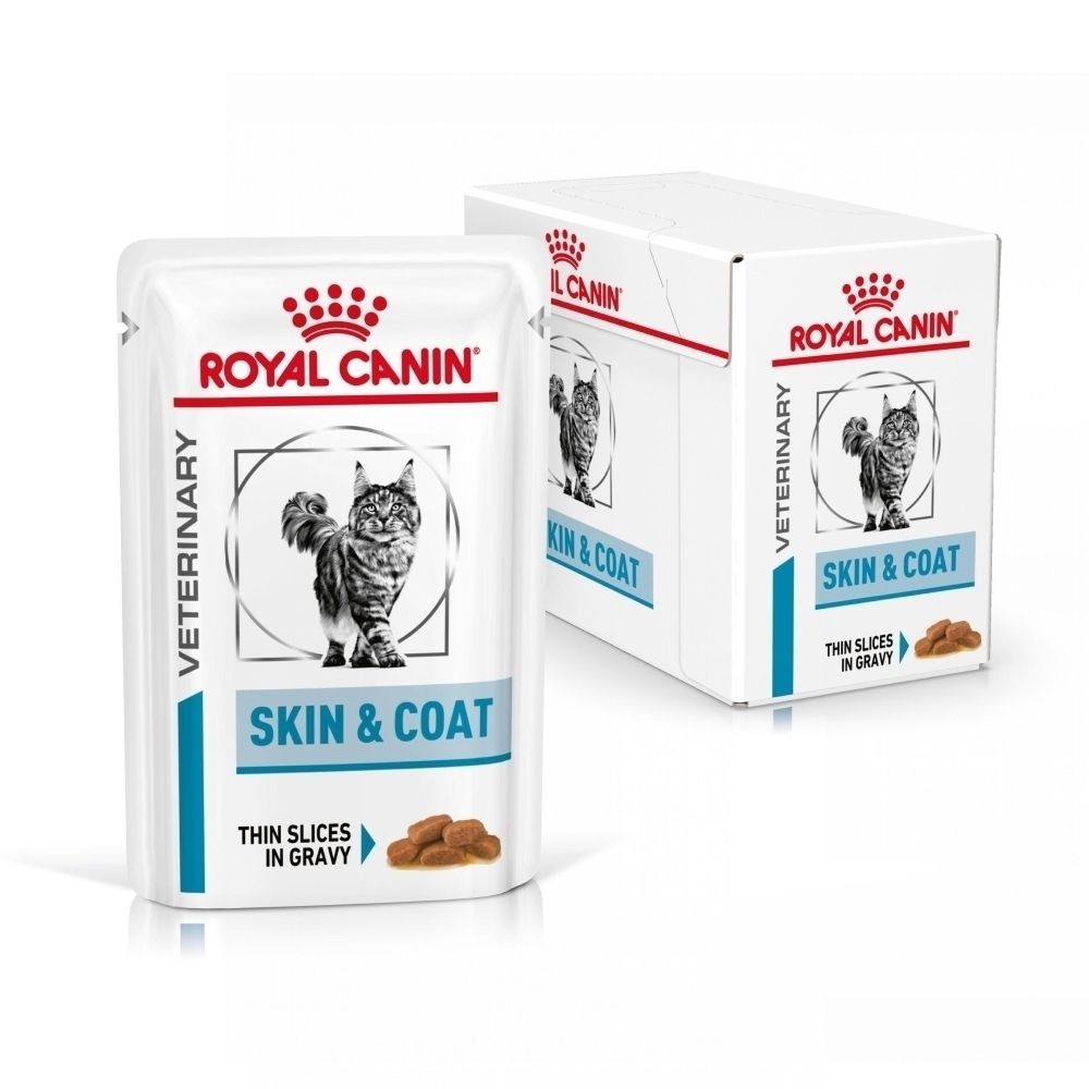 Royal Canin Veterinary Skin & Coat kattenvoer in saus. Enkele zakjes en doos.
