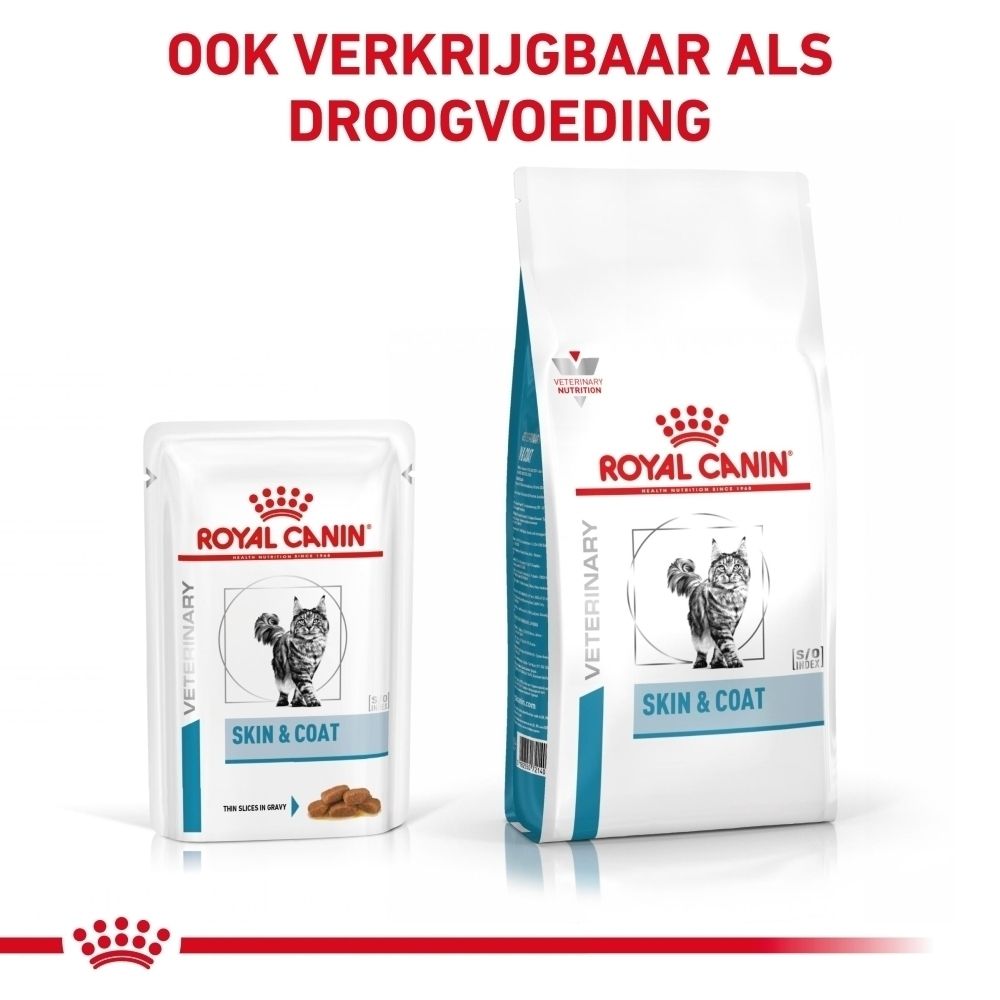 Royal Canin Skin & Coat kattenvoer in zak en pouch. Met kattenafbeelding.