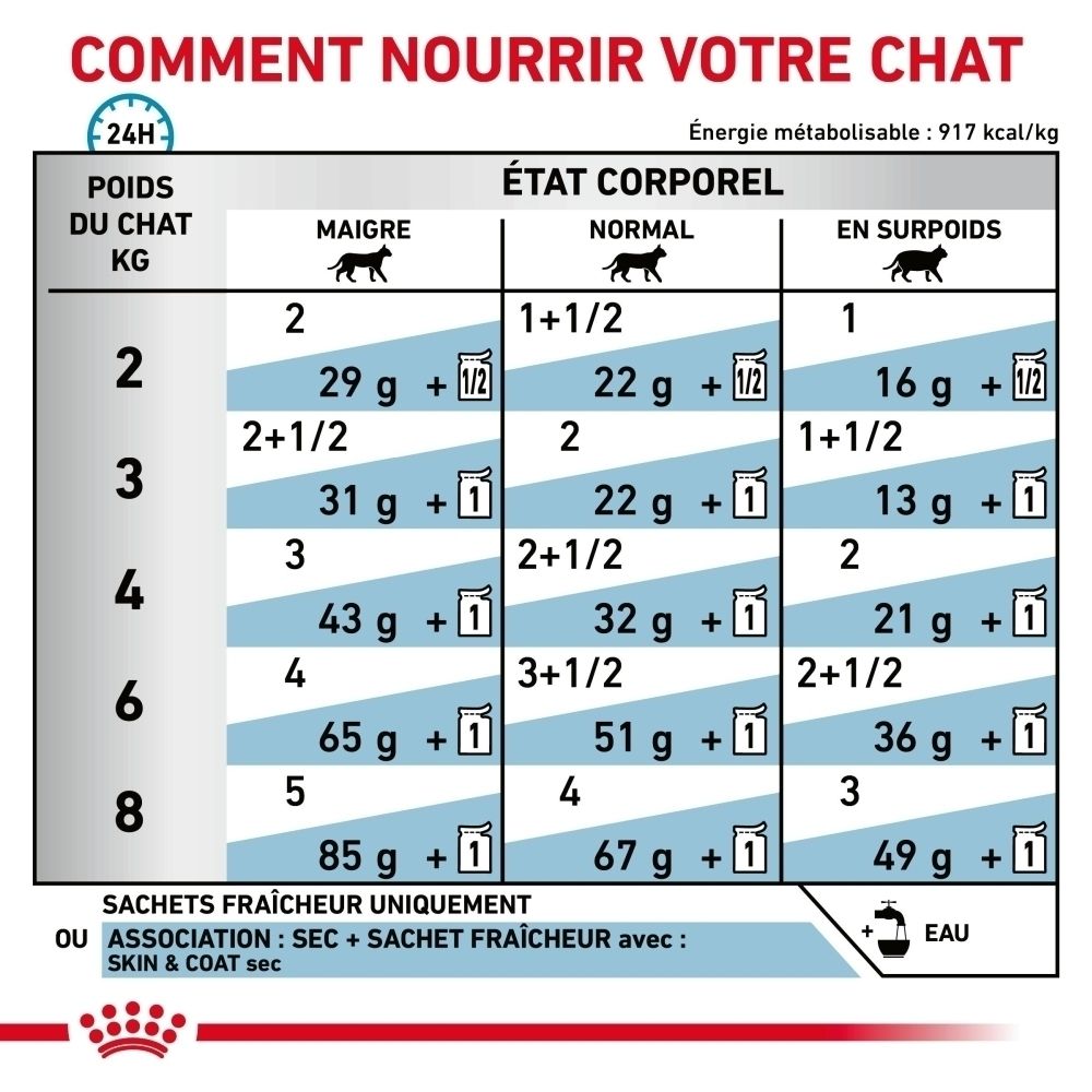 Tableau d'alimentation pour chats : poids, état corporel et quantité quotidienne de nourriture en grammes.