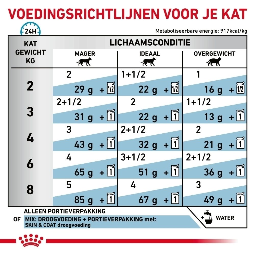 Voedingsrichtlijnen voor katten op basis van gewicht en lichaamsconditie (mager, ideaal, overgewicht). Geeft hoeveelheden in grammen en porties aan.