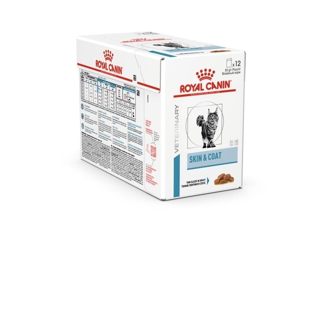 Boîte de nourriture vétérinaire Royal Canin Skin & Coat pour chat, 12 sachets. Comprend une illustration de chat et des croquettes.