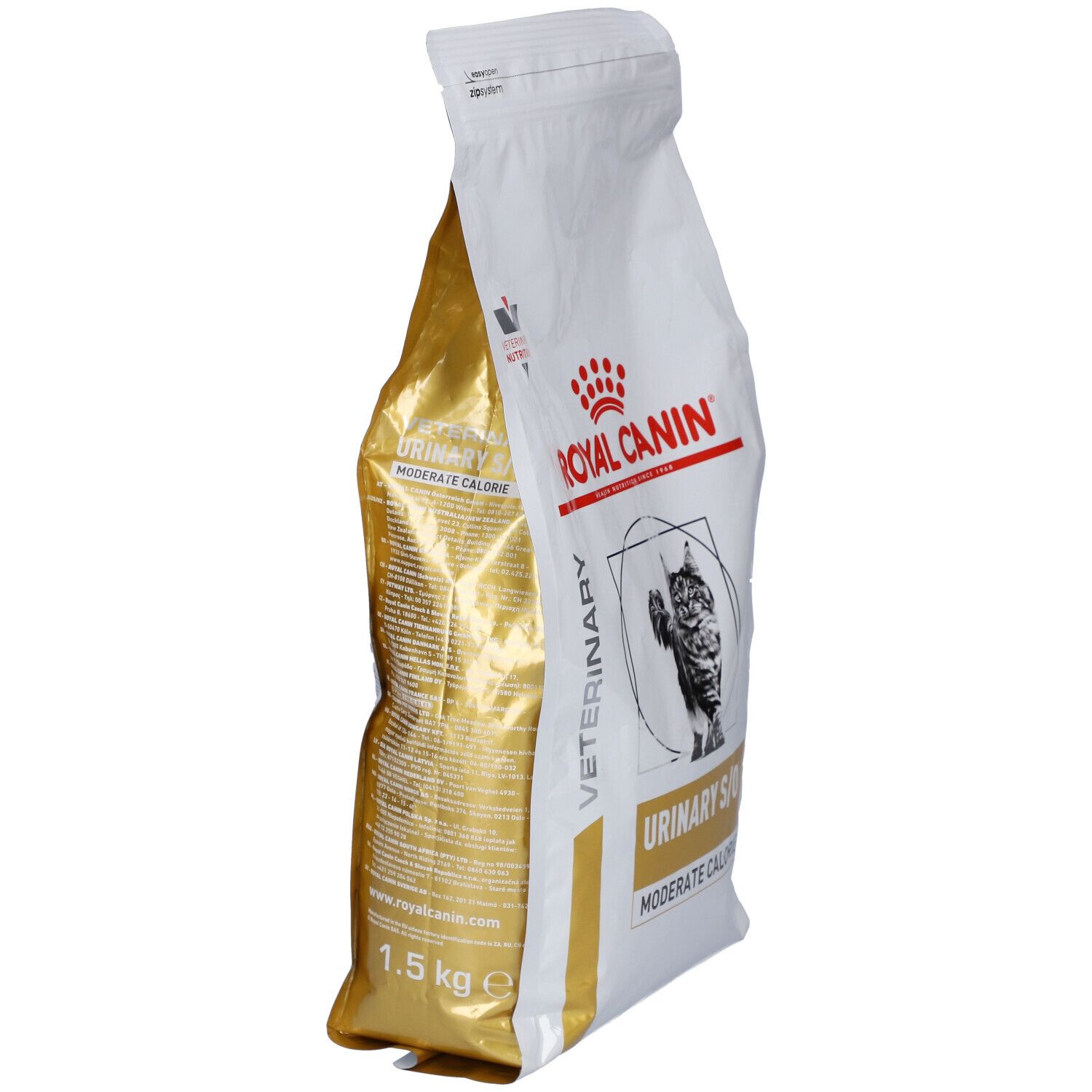 Open zak ROYAL CANIN Urinary S/O Moderate Calorie. Gouden binnenkant zichtbaar. 1,5 kg.