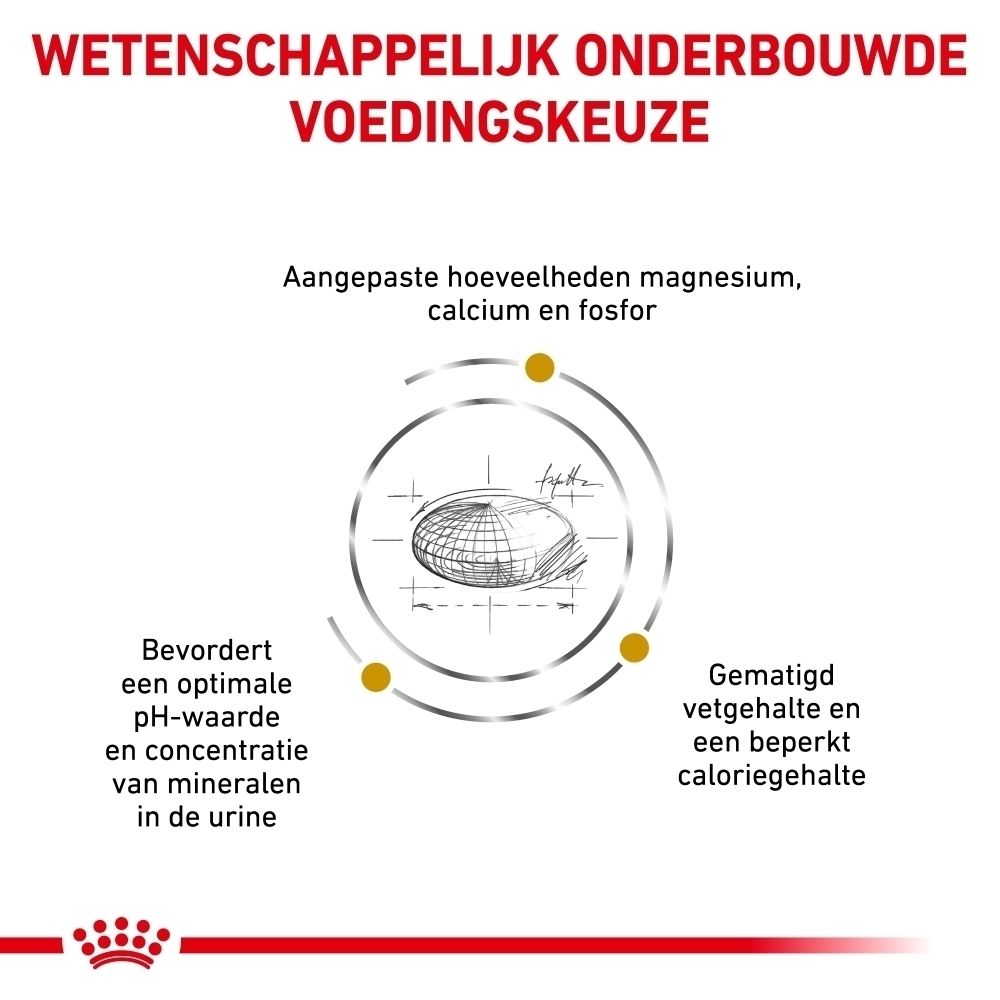 Productvoordelen van ROYAL CANIN Urinary S/O Moderate Calorie voeding in het Nederlands: oplossen van struvietstenen, matig caloriegehalte.