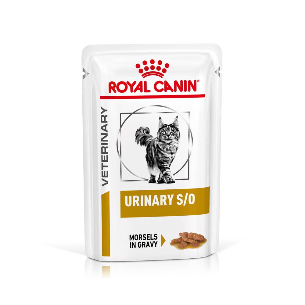 Sachet ROYAL CANIN Veterinary Urinary S/O avec motif de chat et informations produit.