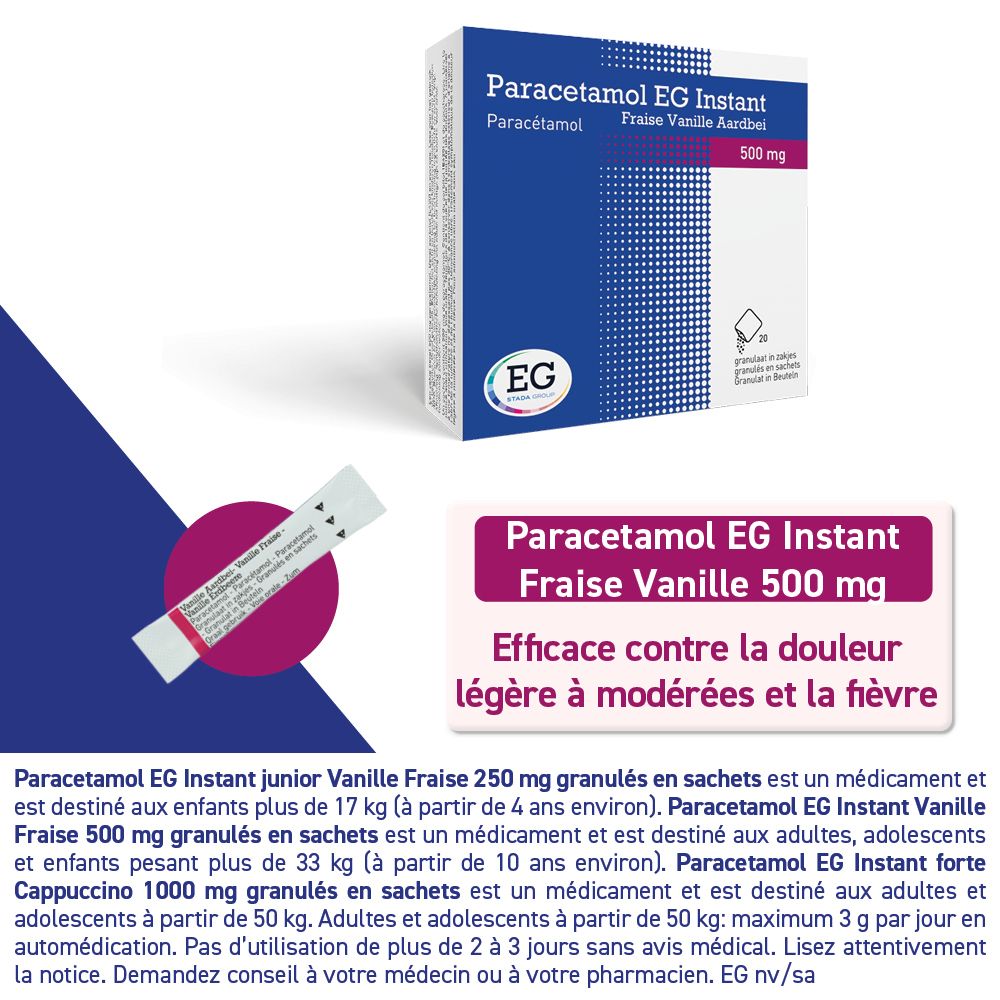 Emballage et sachet de granulés. "Paracetamol EG Instant Fraise Vanille 500 mg Efficace contre la douleur légère à modérées et la fièvre"