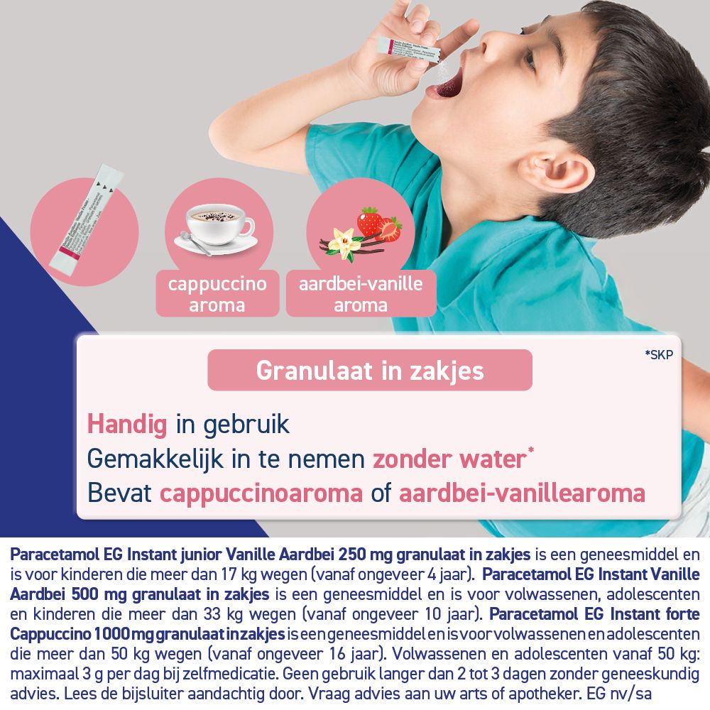 Kind neemt korrels uit zakje in. Cappuccino- en aardbei-vanillearoma. Paracetamol EG Instant.