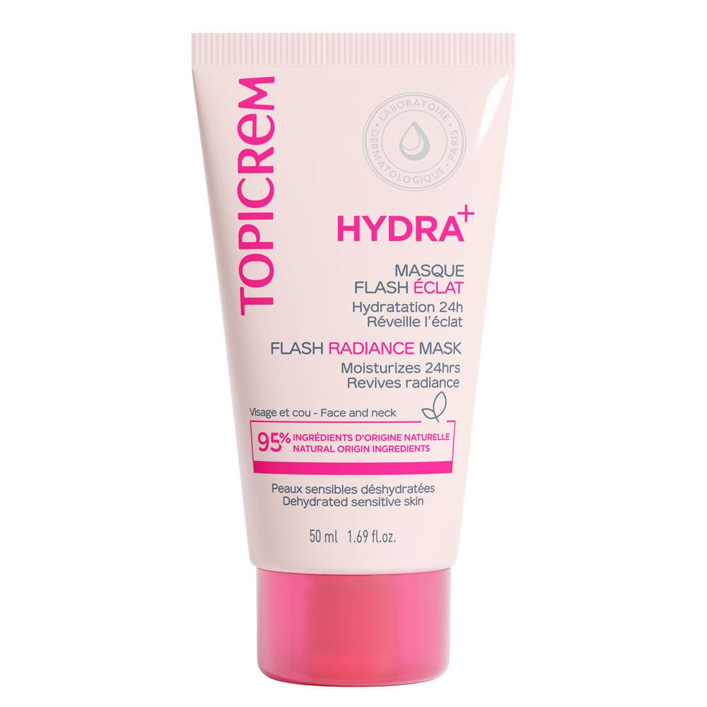 Zachte tube met roze dop. Opschrift TOPICREM, HYDRA+, Flash Radiance Mask. 95% ingrediënten van natuurlijke oorsprong. 50 ml.