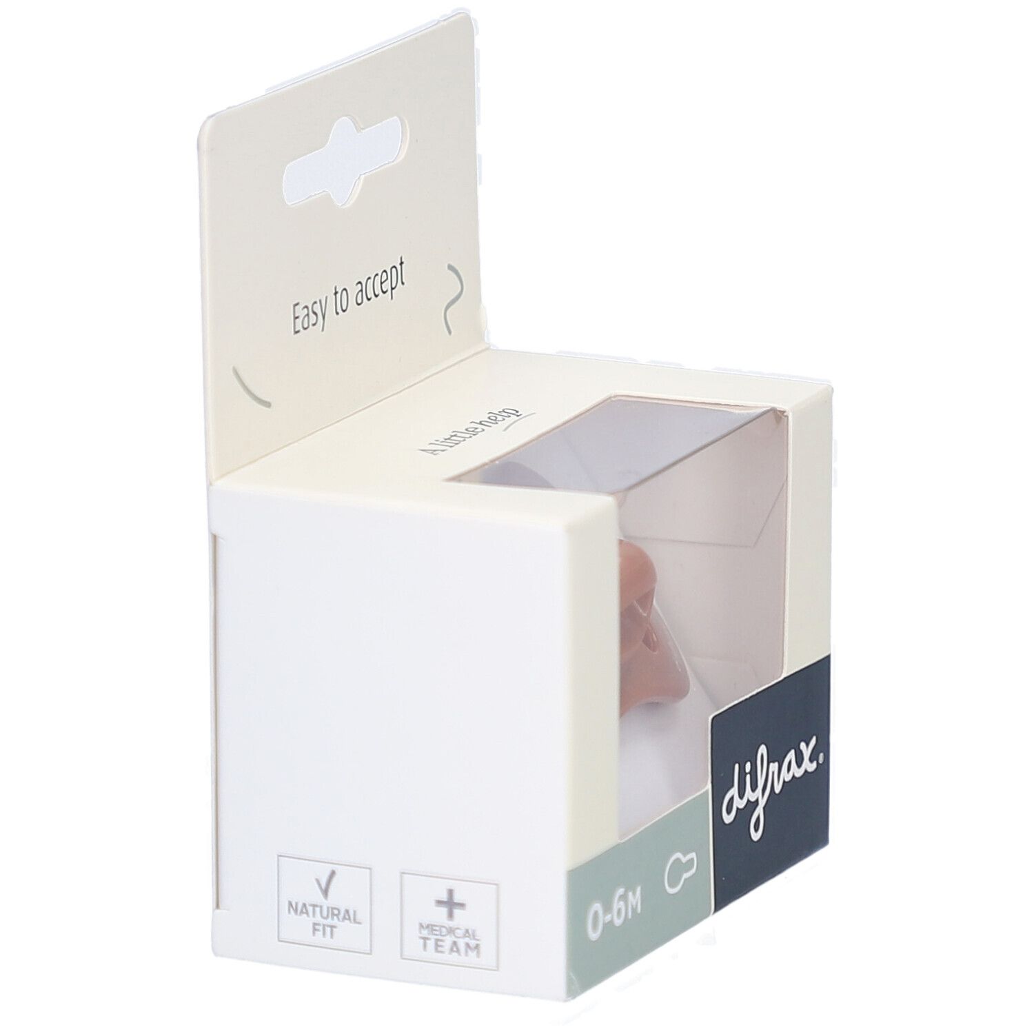 Emballage blanc avec fenêtre. Sucette marron visible. Inscription "difrax", "0-6M".