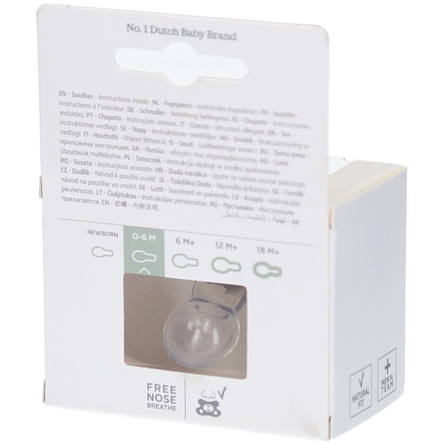 Dos de l'emballage. Texte multilingue. Fenêtre avec sucette visible.