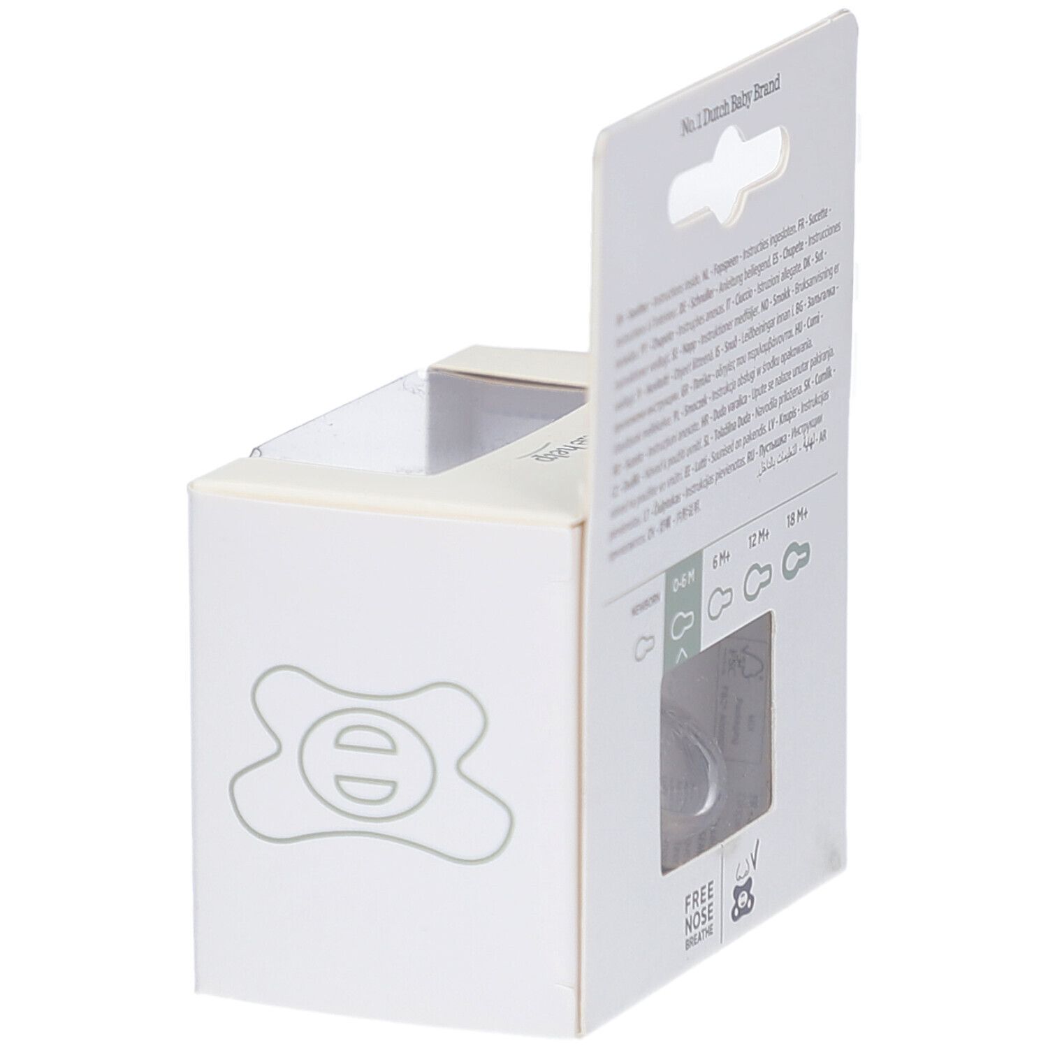 Emballage blanc avec fenêtre. Dos avec texte et symboles.