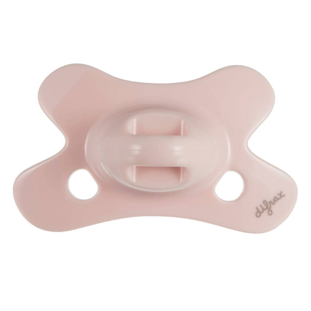 Sucette rose en forme de papillon avec poignée. Logo "difrax" et deux trous.