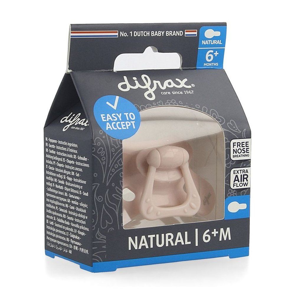 Verpakking met roze fopspeen. Zichtbaar: merk difrax, Natural 6+M, Easy to accept.
