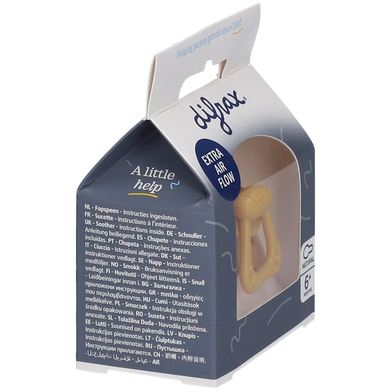 Emballage avec sucette jaune. Inscription: difrax, Extra Air Flow, Natural, 6+ mois. Instructions multilingues.