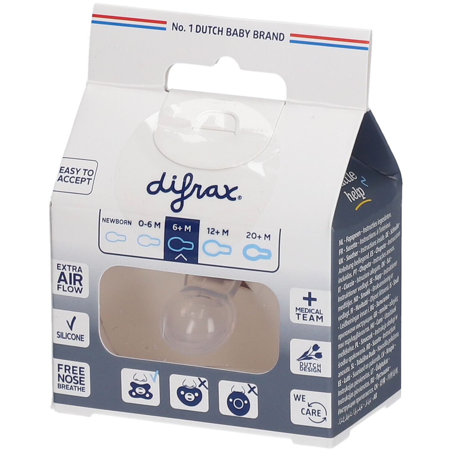Emballage avec sucette transparente. Inscription: difrax, 0-6M, 6+M, 12+M, 20+M, Extra Air Flow, Silicone.