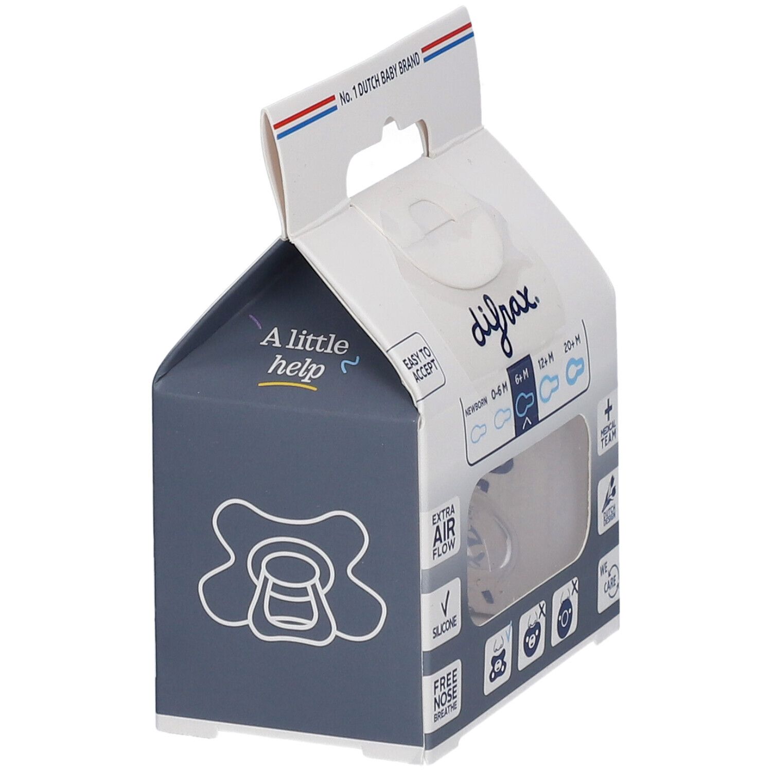 Emballage avec sucette transparente. Inscription: difrax, 0-6M, 6+M, 12+M, 20+M, Extra Air Flow, Silicone.