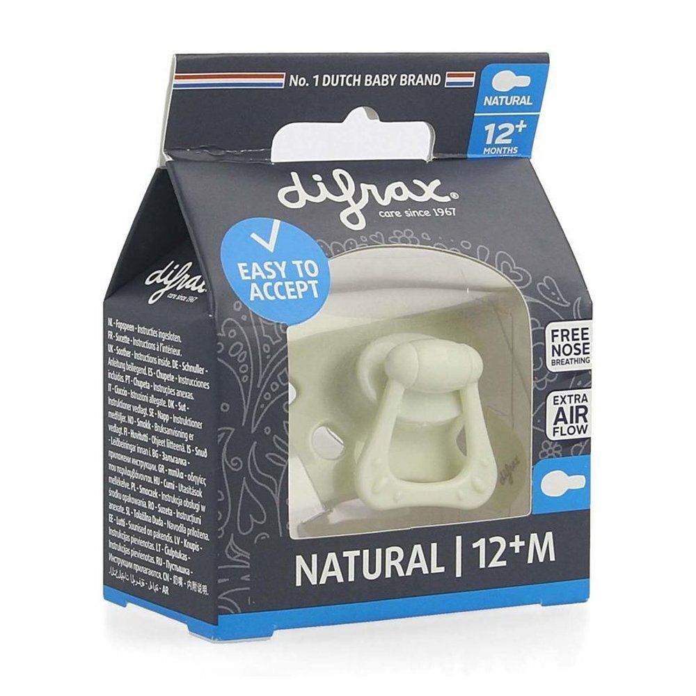 Verpakking met fopspeen. Rechthoekige doos met venster. Opschriften "difrax", "EASY TO ACCEPT" en "NATURAL 12+M".