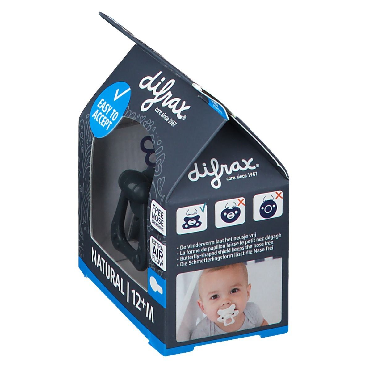 Emballage avec sucette. Marque Difrax, texte NATURAL 12+M. Image d'un bébé avec une sucette. Texte : 'Free Nose Breathing'.