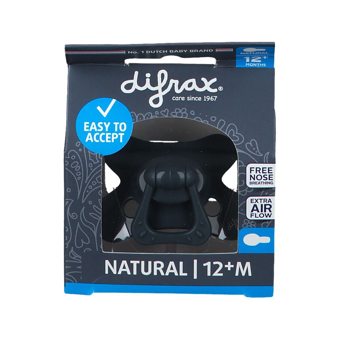 Sucette grise foncée dans son emballage. Marque Difrax, texte NATURAL 12+M, 'Easy to Accept' et 'Free Nose Breathing'.