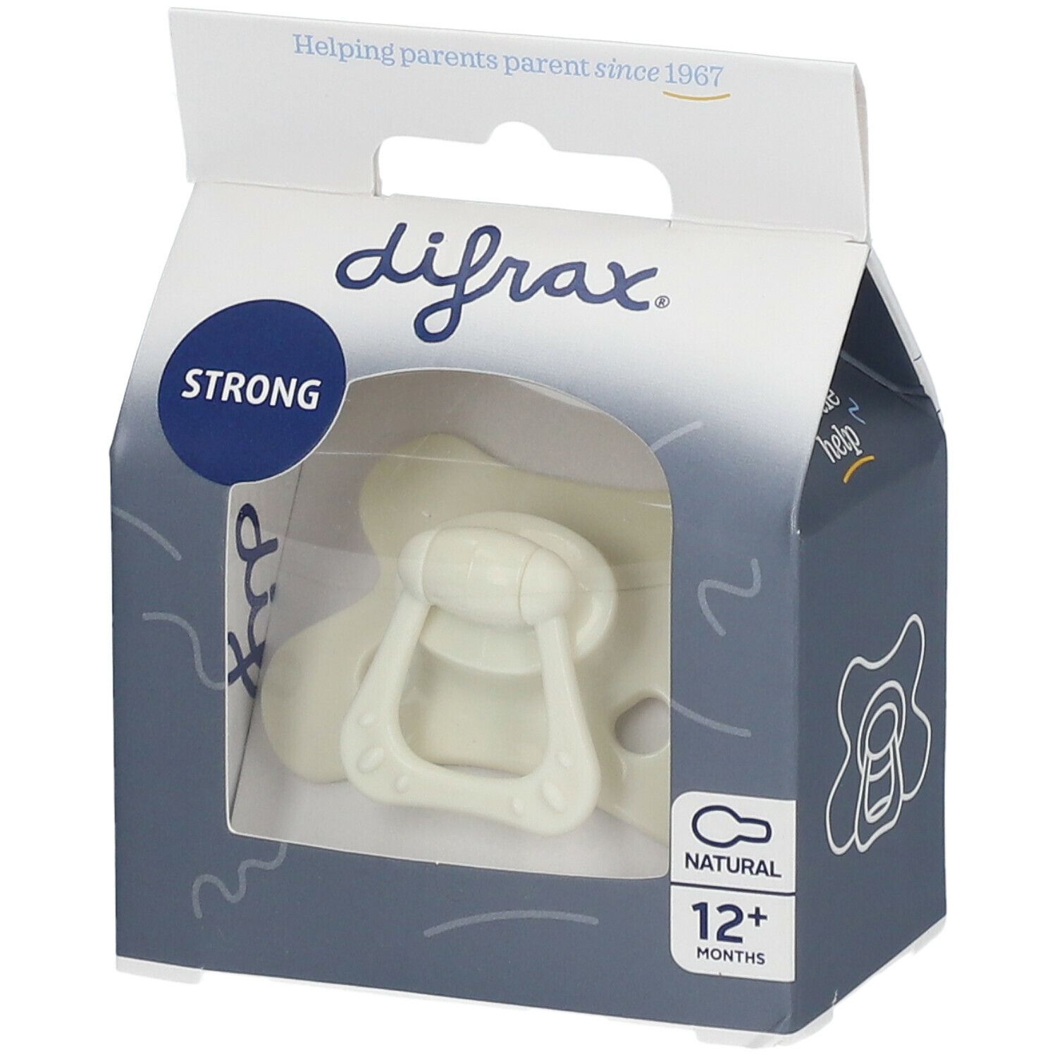 Speen in verpakking. Zichtbaar: merk difrax, NATURAL 12+ maanden. Beige speen met handvat. Verpakking met venster.