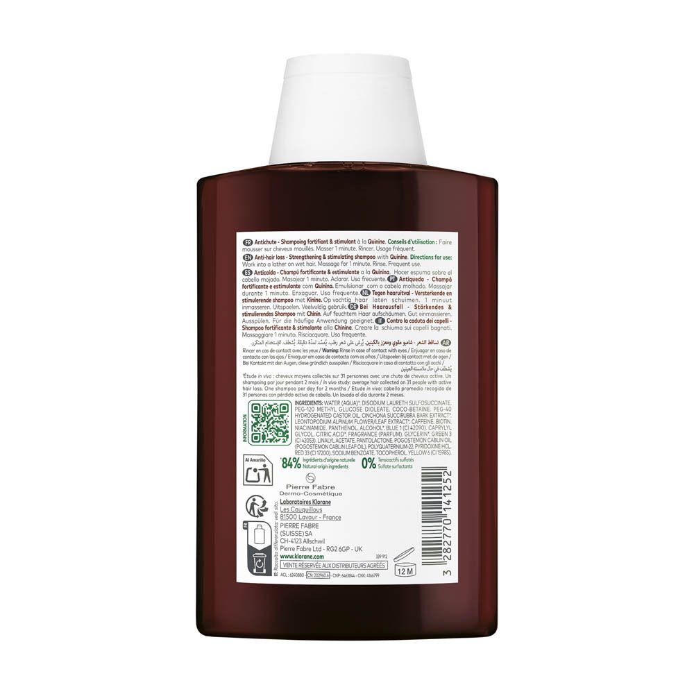 Achterkant van bruine shampoo fles met witte dop. Tekst en logo's. Opschrift: KLORANE, Anti-haaruitval.