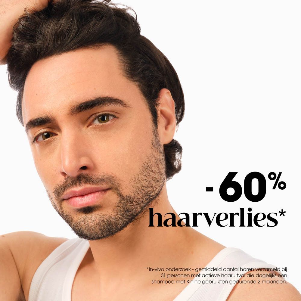 Man met haar. Tekst: -60% haarverlies. In-vivo-onderzoek.