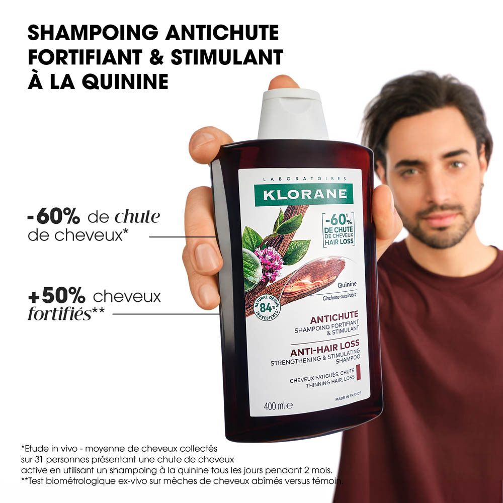 Homme tenant un flacon de shampooing. Texte: -60% de chute de cheveux* et +50% cheveux fortifiés**. Produit KLORANE.