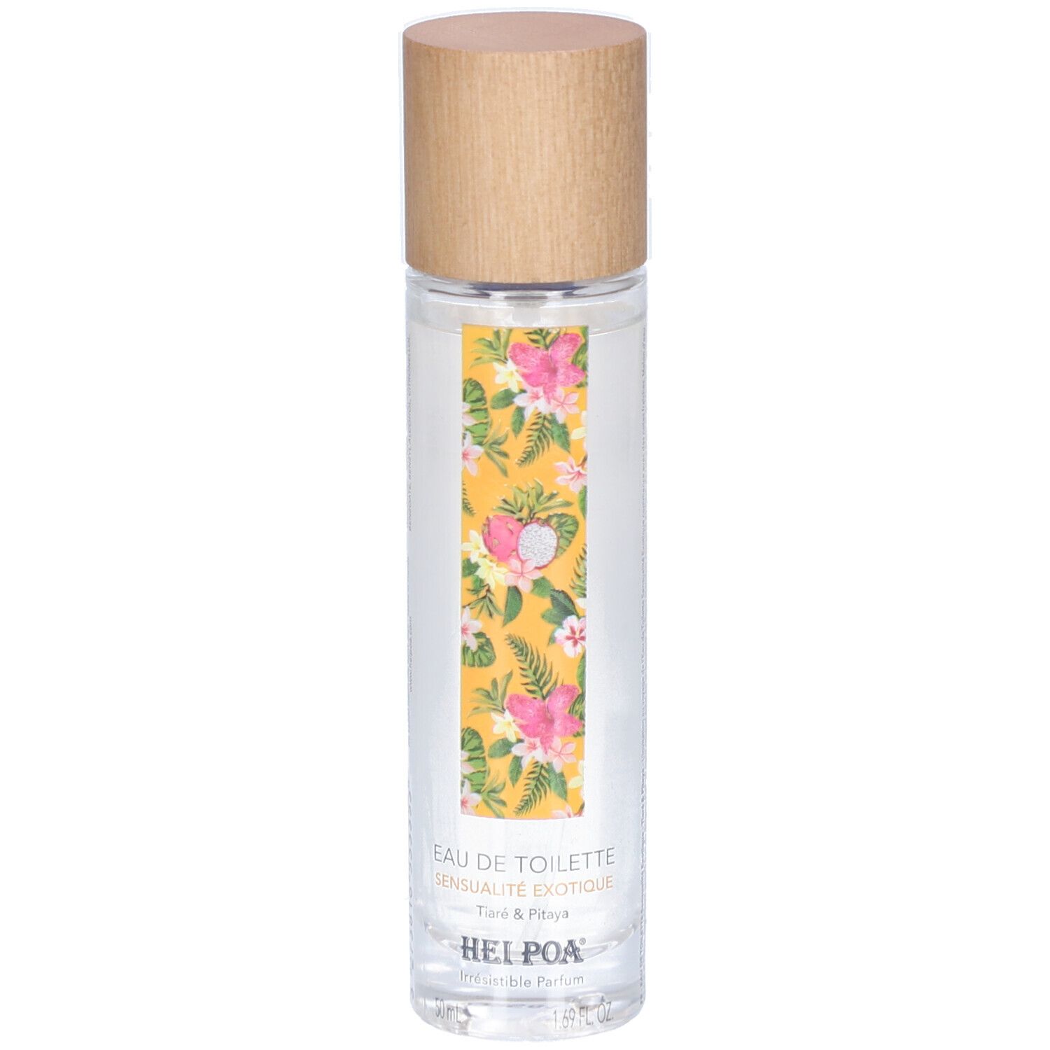 Flacon cylindrique avec bouchon en bois. Étiquette jaune à motifs floraux. Texte: Eau de Toilette, Sensualité exotique, Tiaré & Pitaya, Hei Poa.