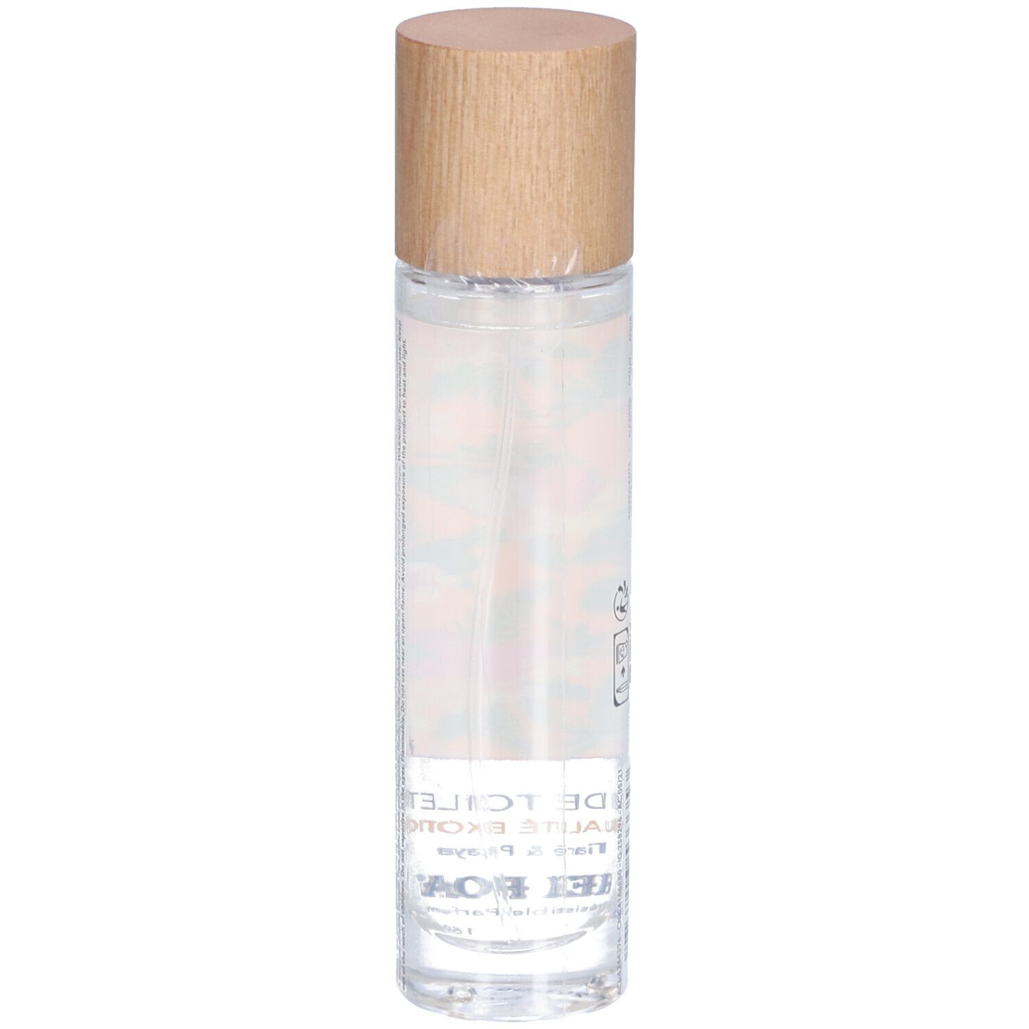 Flacon cylindrique avec bouchon en bois. Liquide transparent. Texte: Eau de Toilette, Sensualité exotique, Tiaré & Pitaya, Hei Poa.