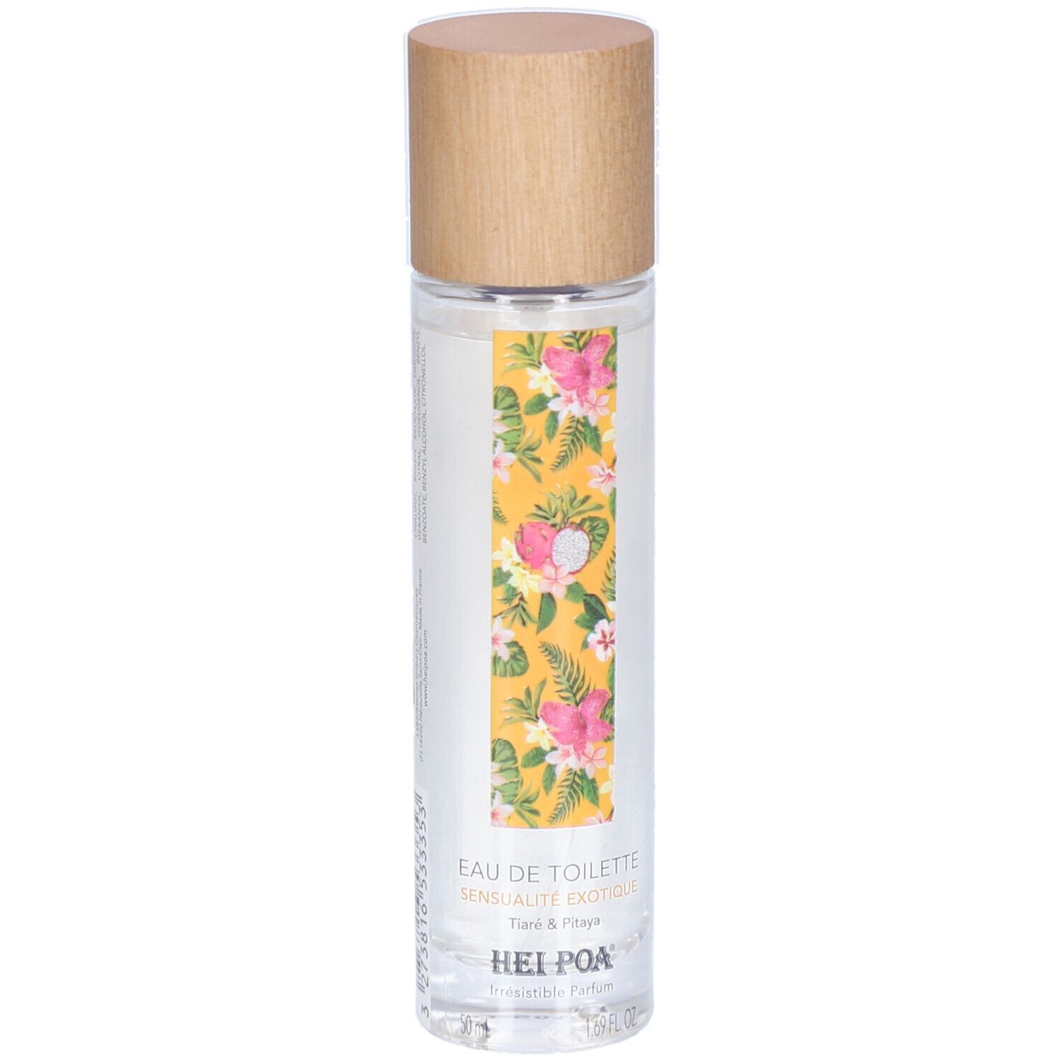Flacon cylindrique avec bouchon en bois. Étiquette jaune à motifs floraux. Texte: Eau de Toilette, Sensualité exotique, Tiaré & Pitaya, Hei Poa.