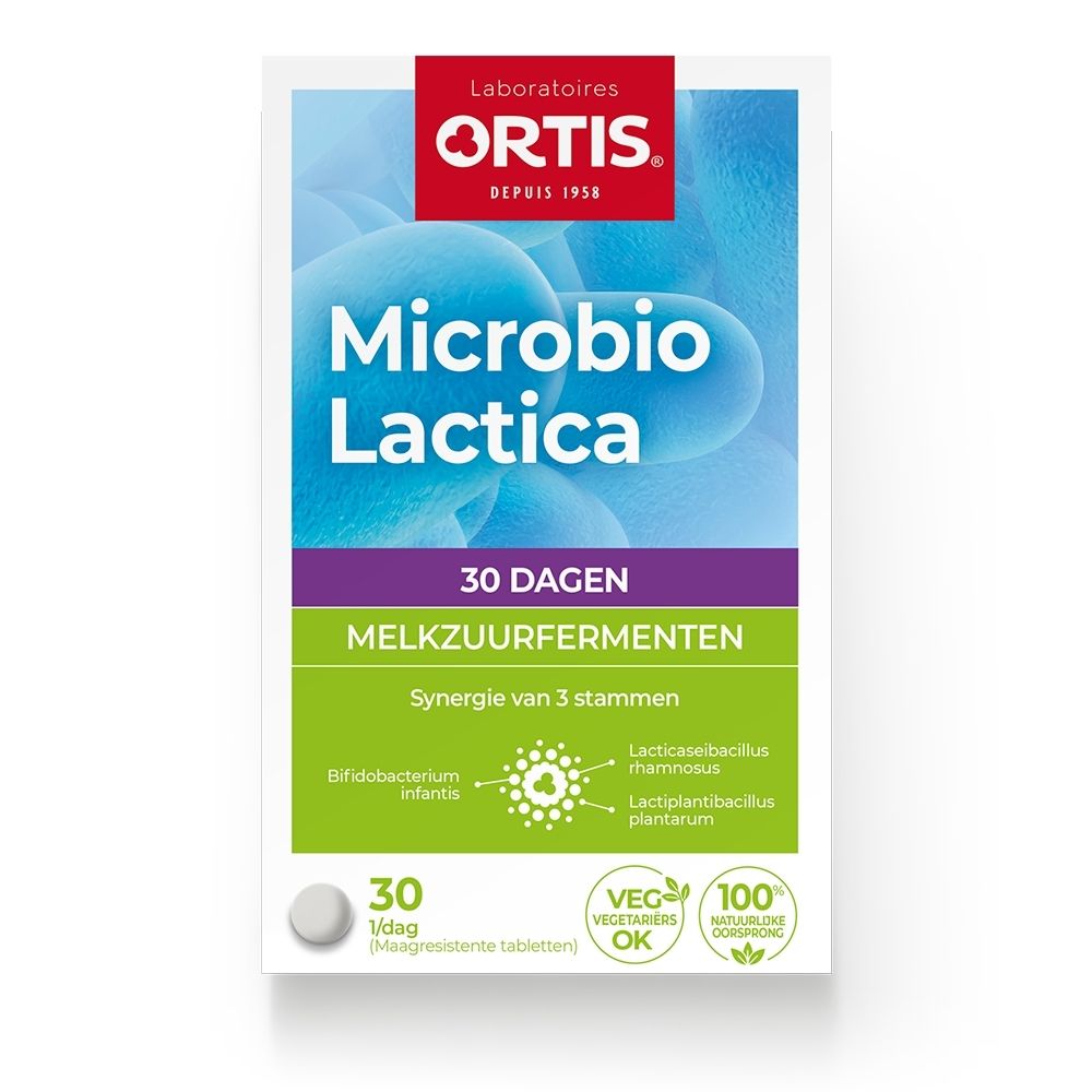 Verpakking ORTIS Microbio Lactica met 30 melkzuurfermenten capsules.