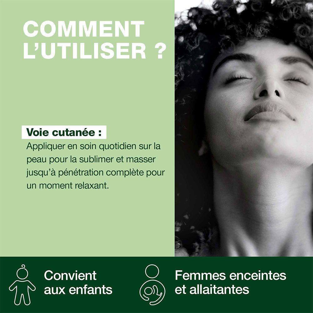 Vrouw met gesloten ogen. Tekst: Voie cutanée, convient aux enfants, femmes enceintes.