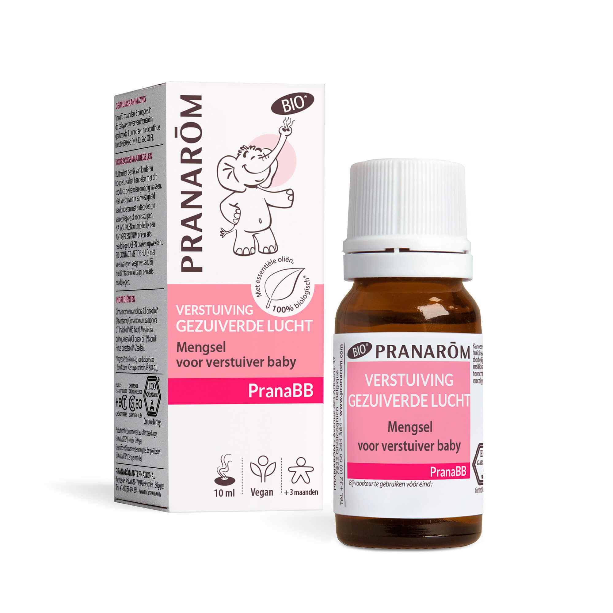 Flesje en doosje Pranarôm PranaBB. Roze etiket, teksten in het Frans en Nederlands. Bio-certificering.