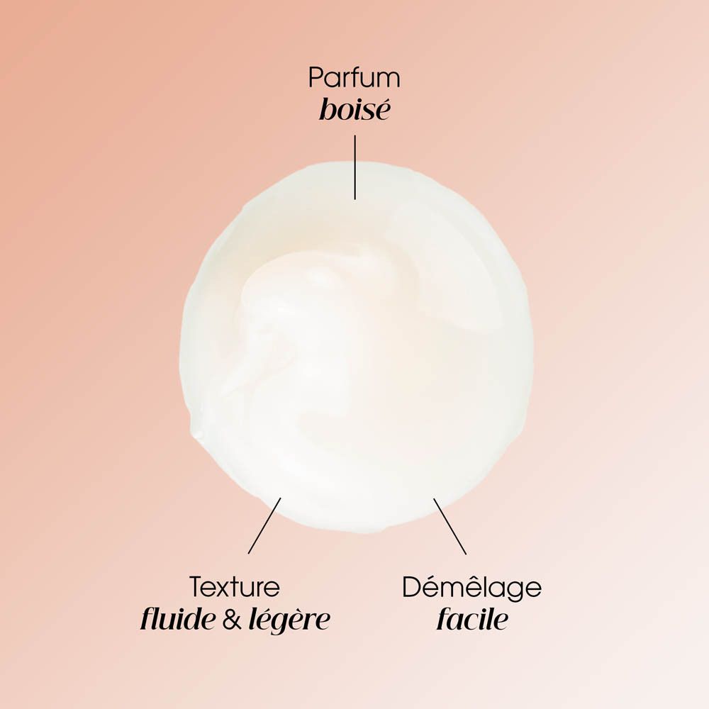 Gros plan d'une crème blanche. Texture fluide & légère. Démêlage facile. Parfum boisé.