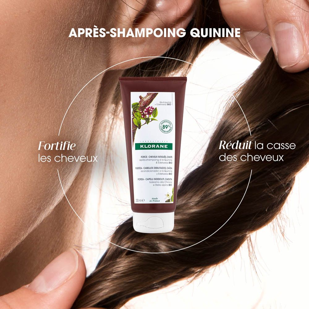 Femme aux cheveux longs et bruns. Après-shampooing Klorane. Texte: Fortifie les cheveux. Réduit la casse des cheveux.