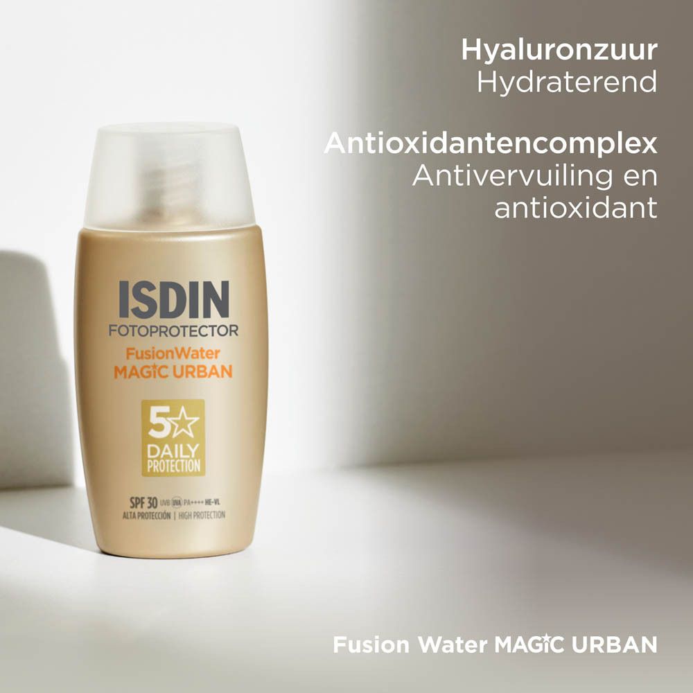 ISDIN Fotoprotector Fusion Water Magic Urban. Flacon. Texte: Acide hyaluronique, complexe antioxydant.