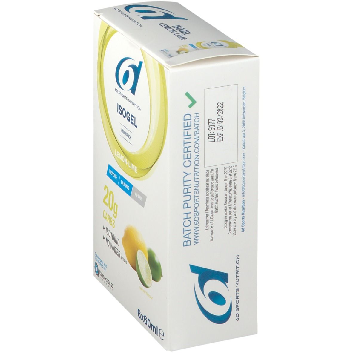 Boîte de 6D Sports Nutrition ISOGEL Citron-Citron vert. Contient 6x60ml. Batch Purity Certified. Date de péremption 09/2022.