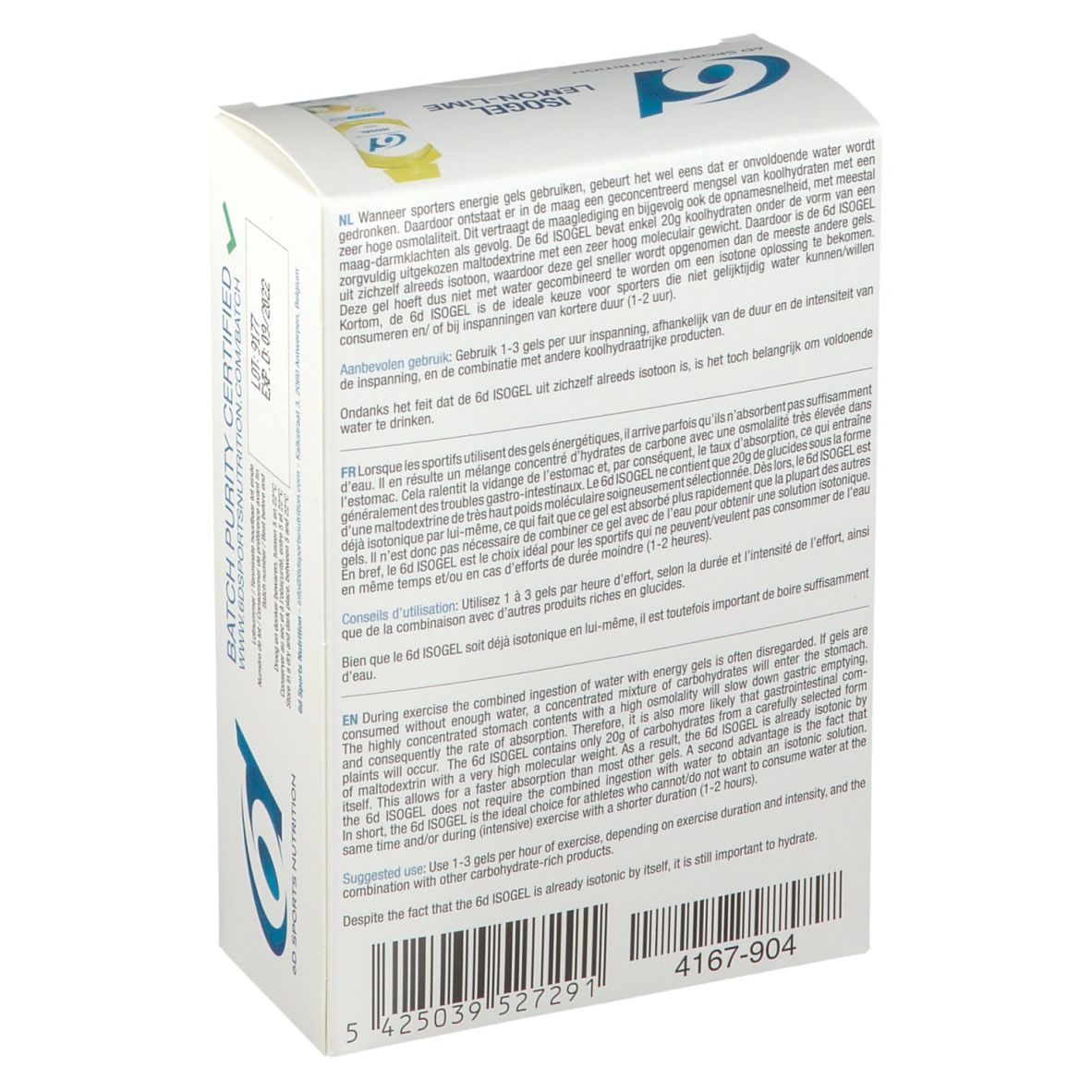 Dos de l'emballage de 6D Sports Nutrition ISOGEL Citron-Citron vert. Texte multilingue. Contient 6x60ml.