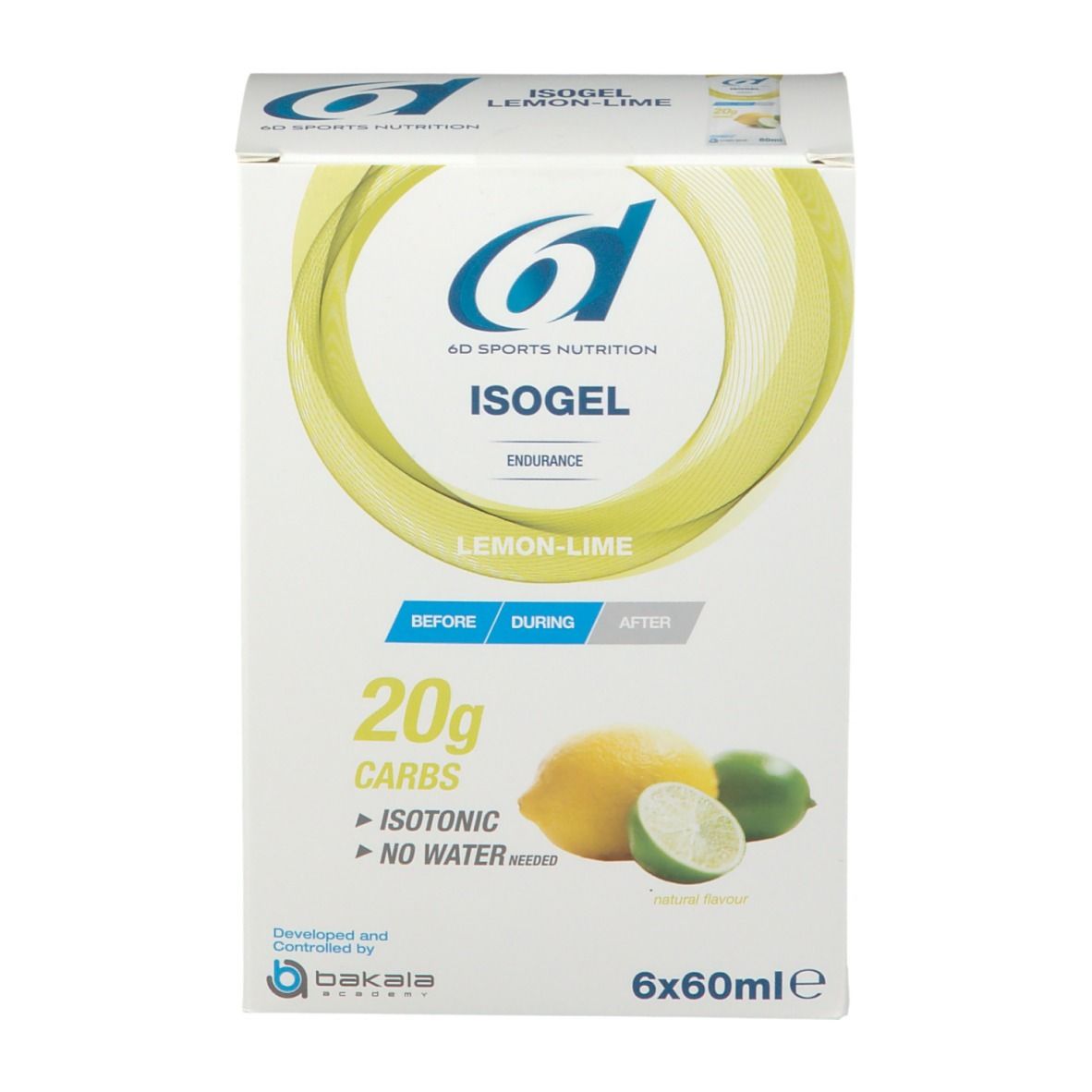 Boîte de 6D Sports Nutrition ISOGEL Citron-Citron vert. Contient 6x60ml. Illustration de citron et de citron vert. Isotonique.