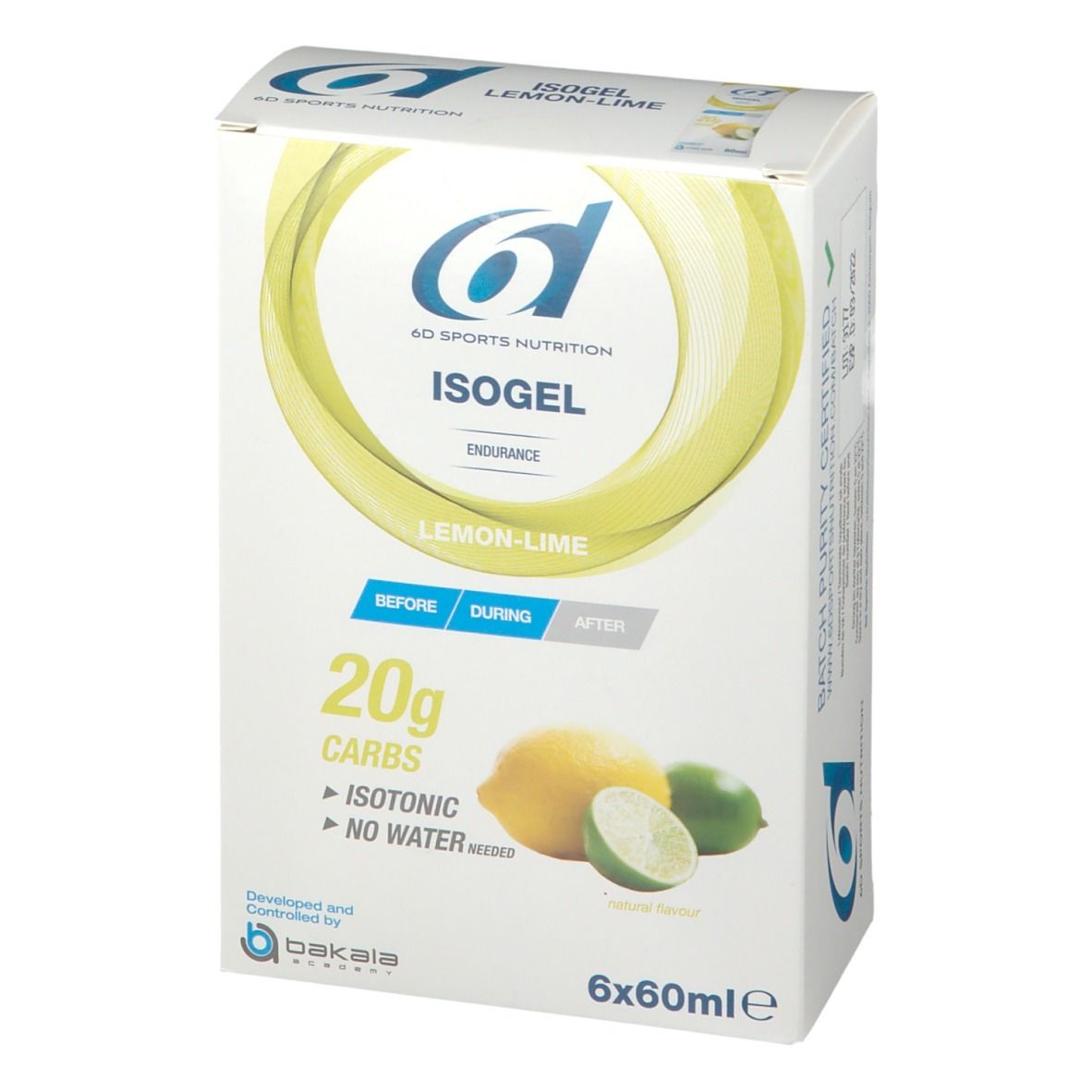 Boîte de 6D Sports Nutrition ISOGEL Citron-Citron vert. Contient 6x60ml. Illustration de citron et de citron vert. Isotonique.
